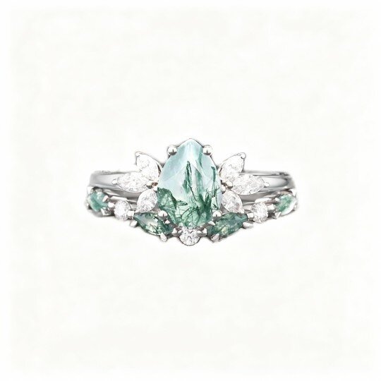 10K White Gold Moss Agate Bridal Set