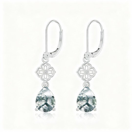 10K White Gold Moss Agate Drop Shape Lever-back Earrings