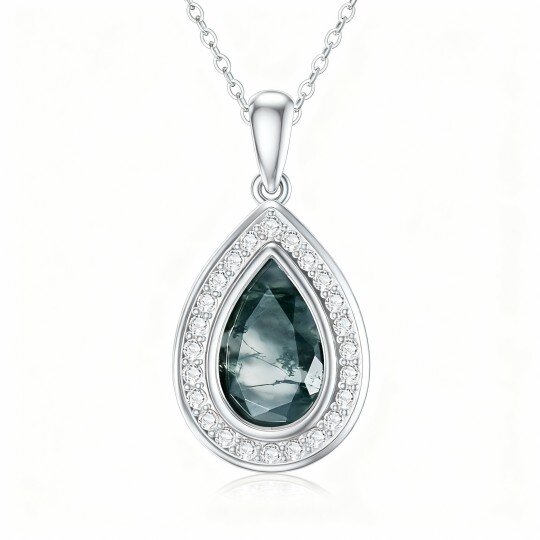 10K White Gold Moss Agate Drop Shape Pendant Necklace