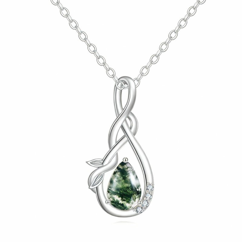 10K White Gold Cubic Zirconia & Moss Agate Leaves & Infinity Symbol Pendant Necklace-12