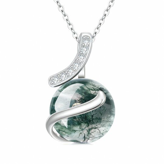 10K White Gold Moss Agate Round Pendant Necklace
