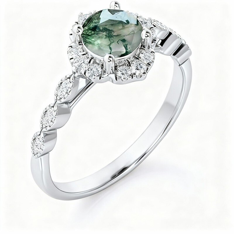 خاتم دائري من البلاتين مطلي بالذهب الأبيض مع حجر العقيق الطحلبي-1