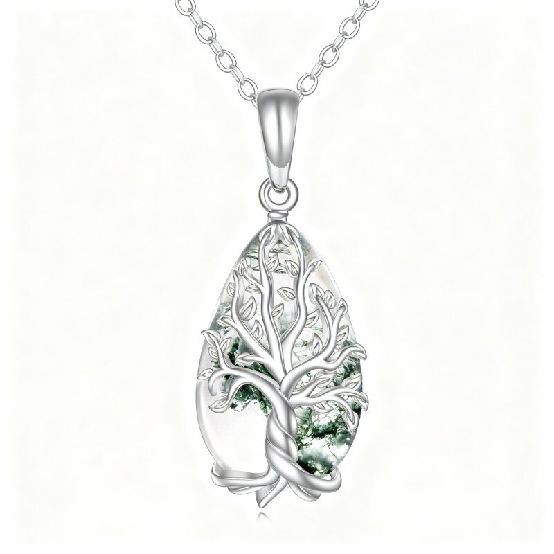 10K White Gold Moss Agate Tree Of Life Pendant Necklace-13