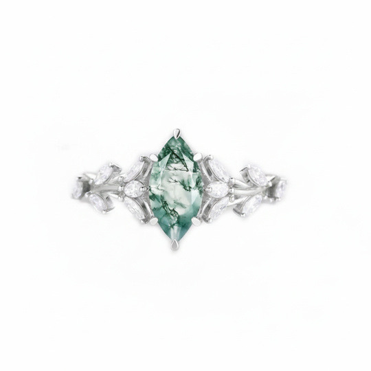 Bague de fiançailles en or blanc 10 carats et agate mousse, ornée de fleurs sauvages