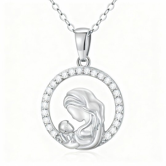 10K White Gold Cubic Zirconia Mother & Circle Pendant Necklace