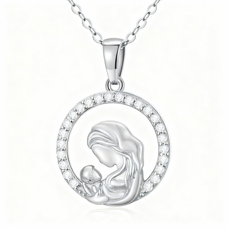 10K White Gold Cubic Zirconia Mother & Circle Pendant Necklace-17