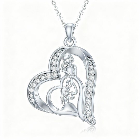 Colar com pendente coração em ouro branco 10K com zircónias cúbicas representando mãe e filha