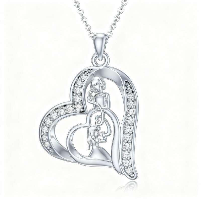 Colar com pendente coração em ouro branco 10K com zircónias cúbicas representando mãe e filha-20