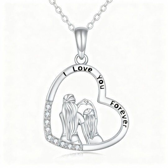 Colar com pendente de coração e mãe, em ouro branco 10K com zircónias cúbicas, com a inscrição 