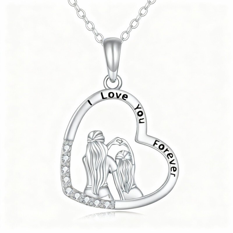 Colar com pendente de coração e mãe, em ouro branco 10K com zircónias cúbicas, com a inscrição 