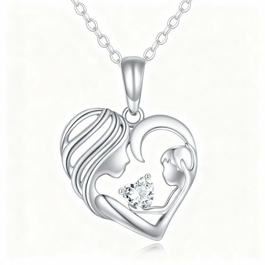 Colar com pendente de coração e mãe, em ouro branco 10K com zircónias cúbicas