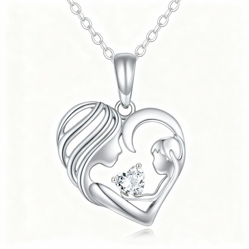 10K White Gold Cubic Zirconia Mother & Daughter & Heart Pendant Necklace-1