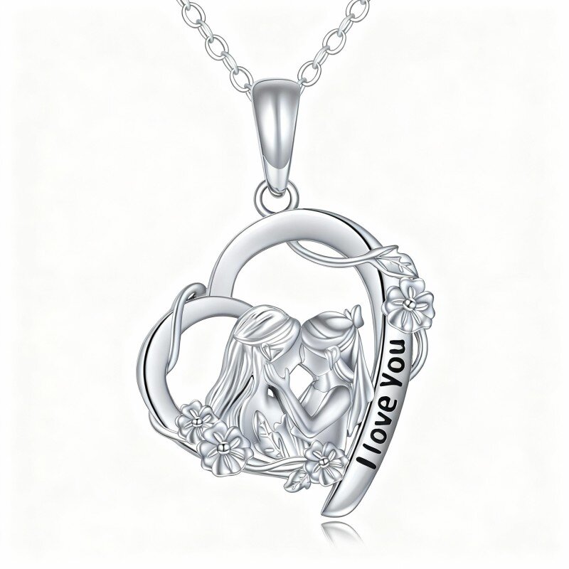 10K White Gold Mother & Daughter & Heart Pendant Necklace with Engraved Word-1