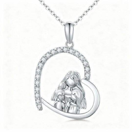 Colar com pendente de coração e mãe, em ouro branco 10K com zircónias cúbicas
