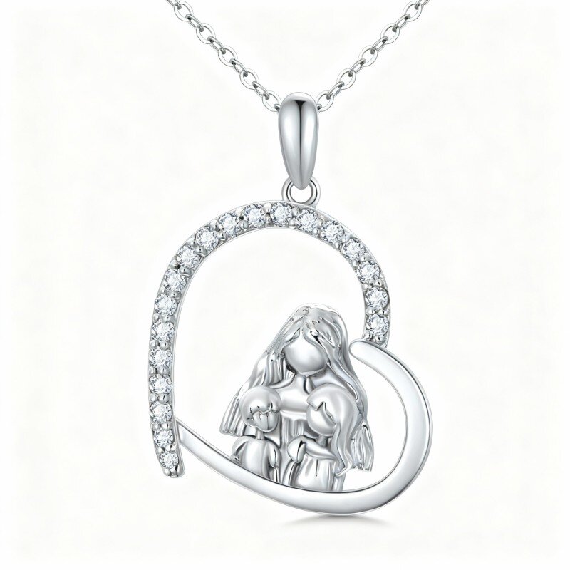 Collana con ciondolo a forma di cuore e madre, figlia e zirconi cubici in oro bianco 10 carati-6