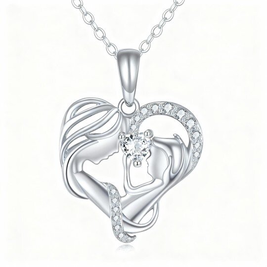 Colar com pendente de coração e mãe, em ouro branco 10K com zircónias cúbicas