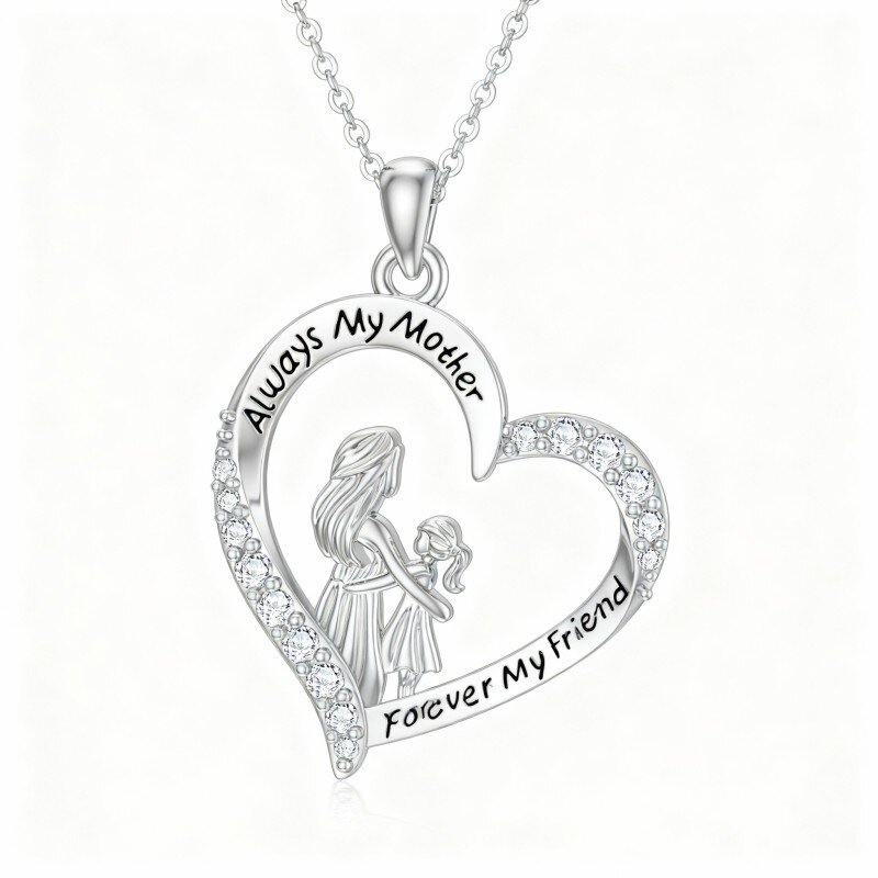 Collana con ciondolo a forma di cuore e madre, figlia e zirconi cubici in oro bianco 10 carati con scritta incisa-19