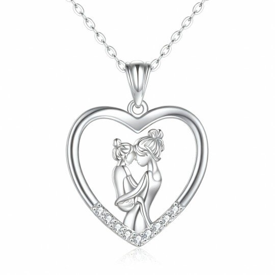 10K White Gold Cubic Zirconia Mother & Daughter & Heart Pendant Necklace