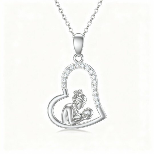 Colar com pendente de coração e mãe, em ouro branco 10K com zircónias cúbicas