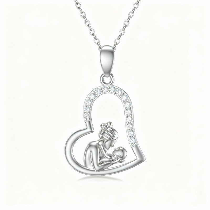Collana con ciondolo a forma di cuore e madre, figlia e zirconi cubici in oro bianco 10 carati-9