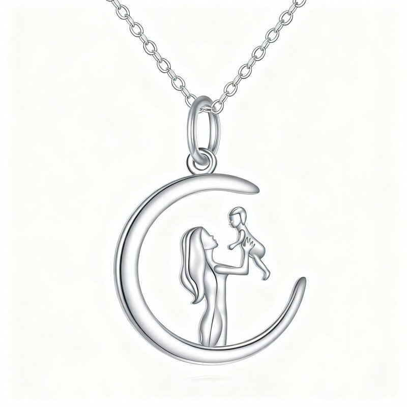10K White Gold Mother & Daughter & Moon Pendant Necklace-1
