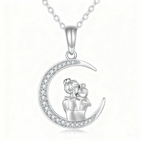 Colar com pendente mãe, filha e lua em ouro branco 9K com zircónias cúbicas