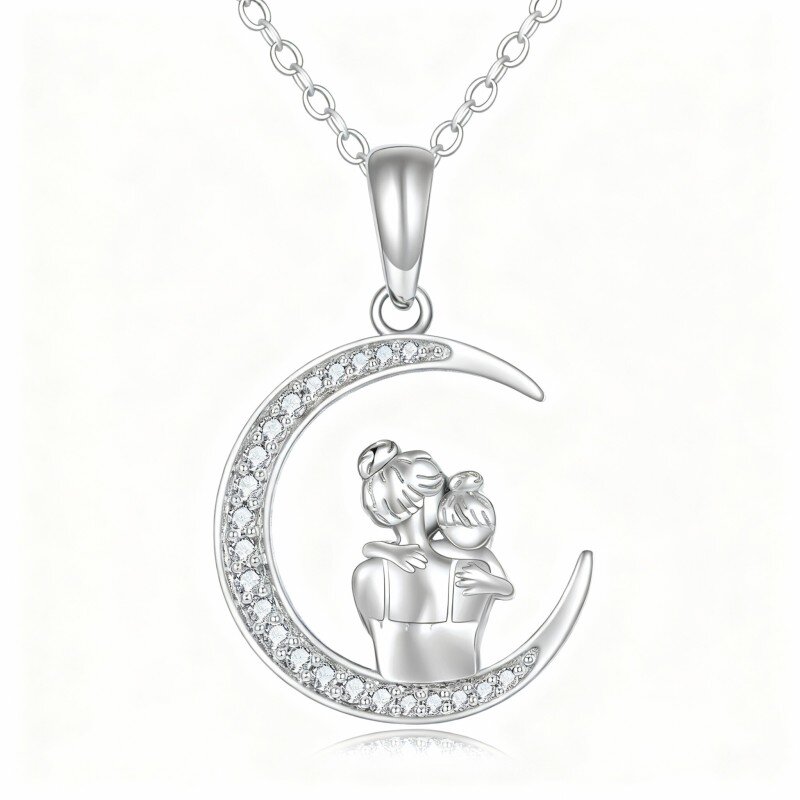Colar com pendente mãe, filha e lua em ouro branco 9K com zircónias cúbicas-7
