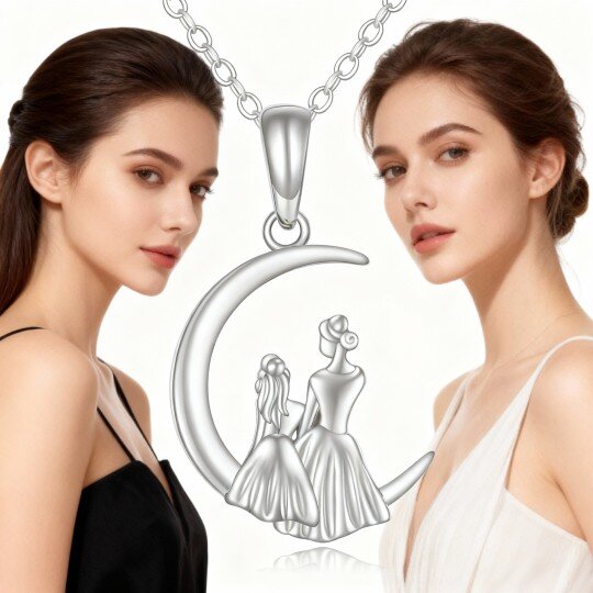 Colar com pendente mãe, filha e lua em ouro branco 10K