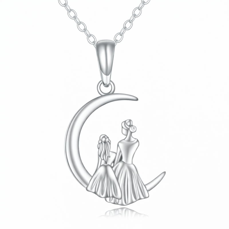 Halskette aus 18-karätigem Weißgold mit Mutter-Tochter- und Mondanhänger-1