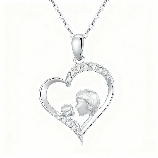 10K White Gold Cubic Zirconia Mother & Heart Pendant Necklace