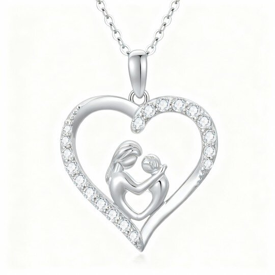10K White Gold Cubic Zirconia Mother & Heart Pendant Necklace