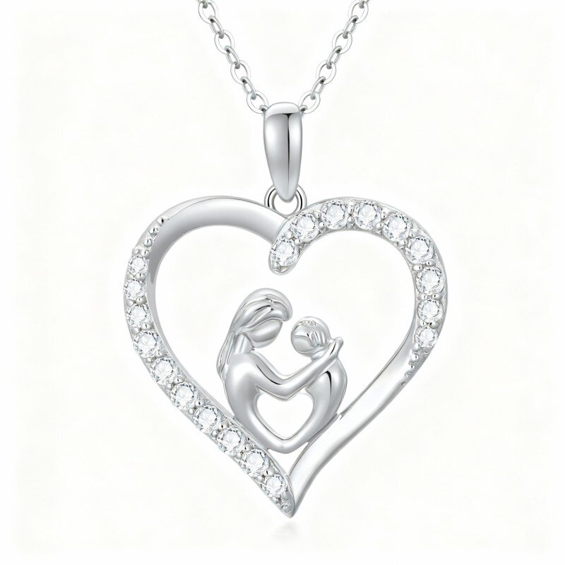 Colar com pendente coração e mãe em ouro branco 10K com zircónias cúbicas-20