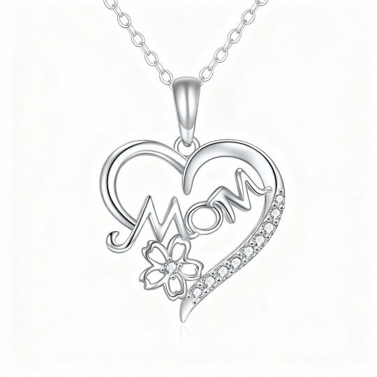 10K White Gold Cubic Zirconia Mother & Heart Pendant Necklace