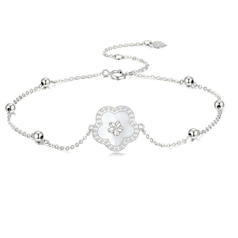 Pulseira em ouro branco de 10 quilates com pendente de margarida e missangas em madrepérola.-7