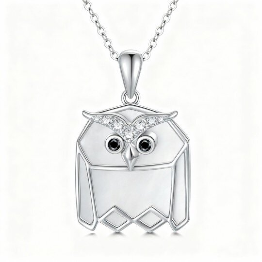 10K White Gold Cubic Zirconia & Mother Of Pearl Owl Pendant Necklace