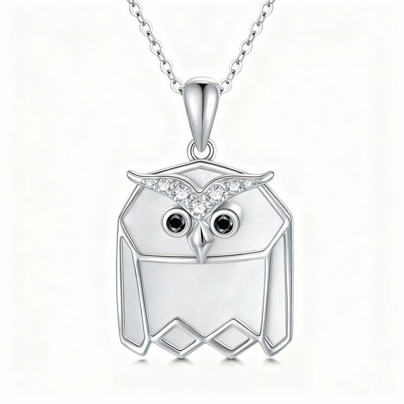 10K White Gold Cubic Zirconia & Mother Of Pearl Owl Pendant Necklace-3