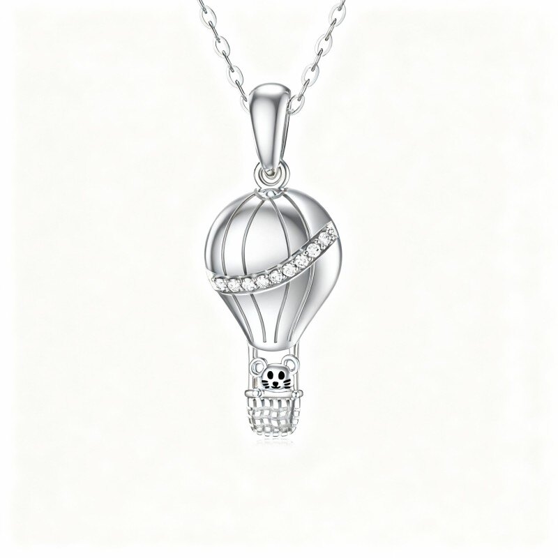 Collar con colgante de ratón y globo aerostático en oro blanco de 14 quilates con circonitas cúbicas-1