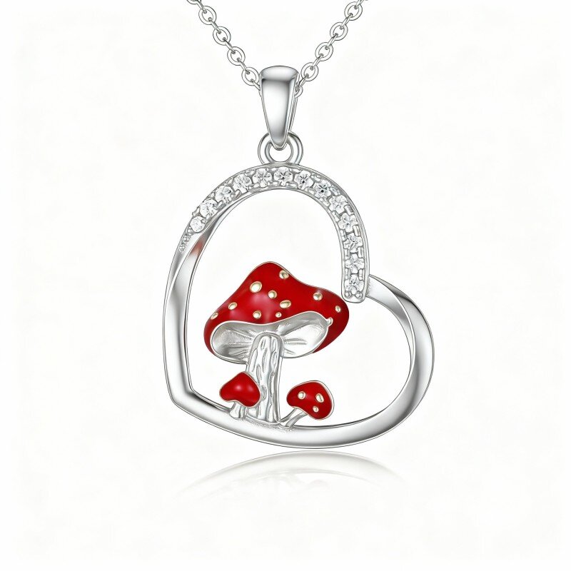 Colar com pendente de cogumelo e coração em ouro branco 10K com zircónias cúbicas-19