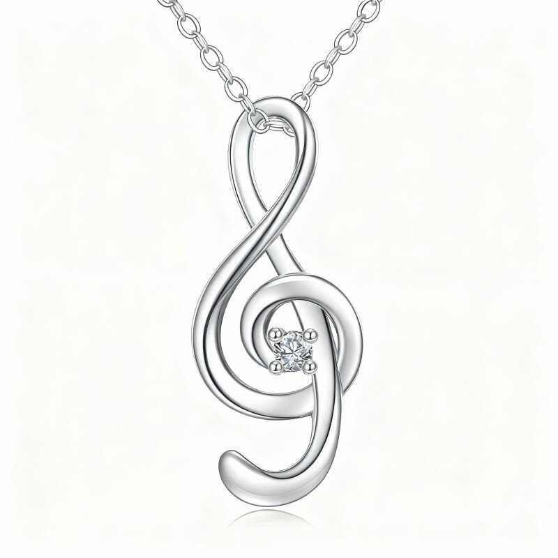 Collana con ciondolo simbolo musicale in oro bianco 10K con zirconi cubici-4