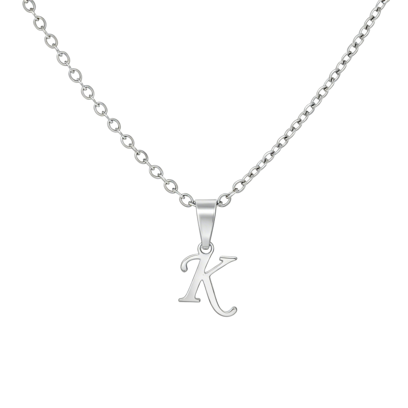 Collar con inicial personalizada de platino con baño de oro blanco, sin piedras, con la letra inicial K.-1