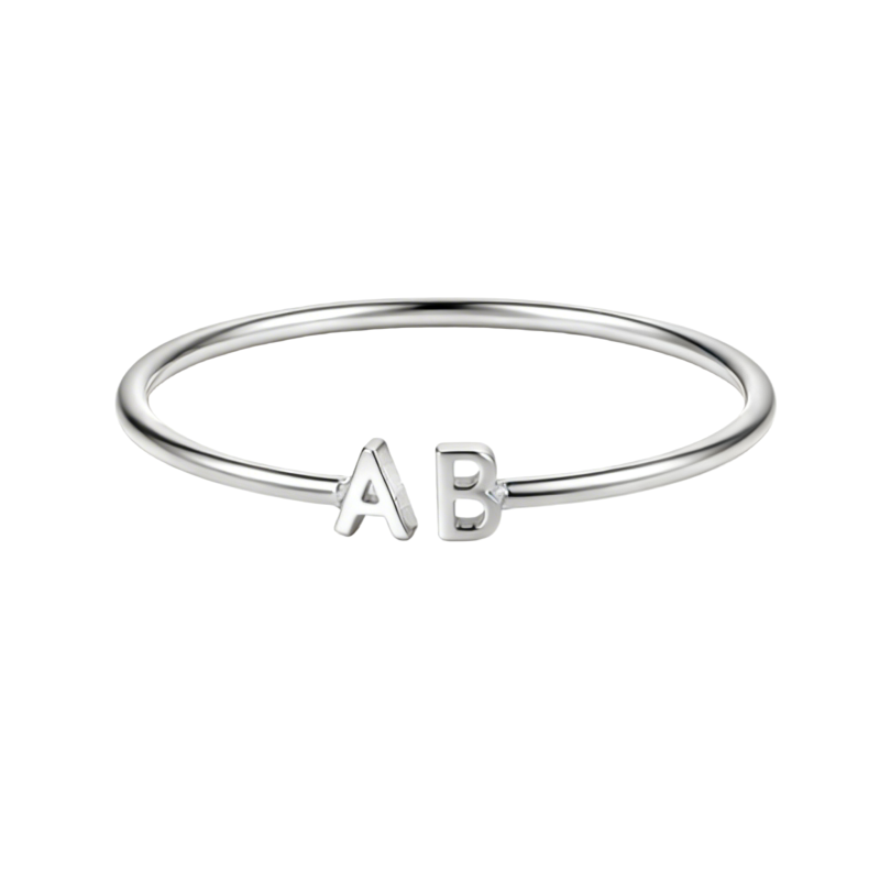 Anillo personalizado de oro blanco de 10 quilates sin piedras con inicial A y con inicial B.-9