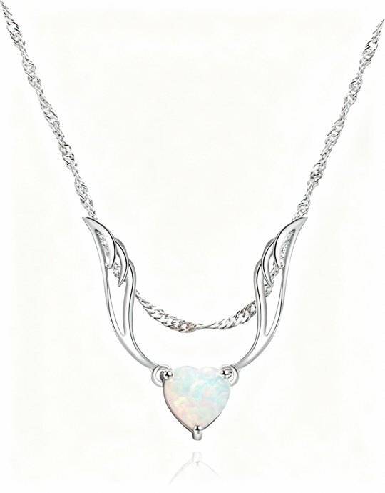 Collar con colgante de ángel y ala de ángel de ópalo en oro blanco de 10 quilates