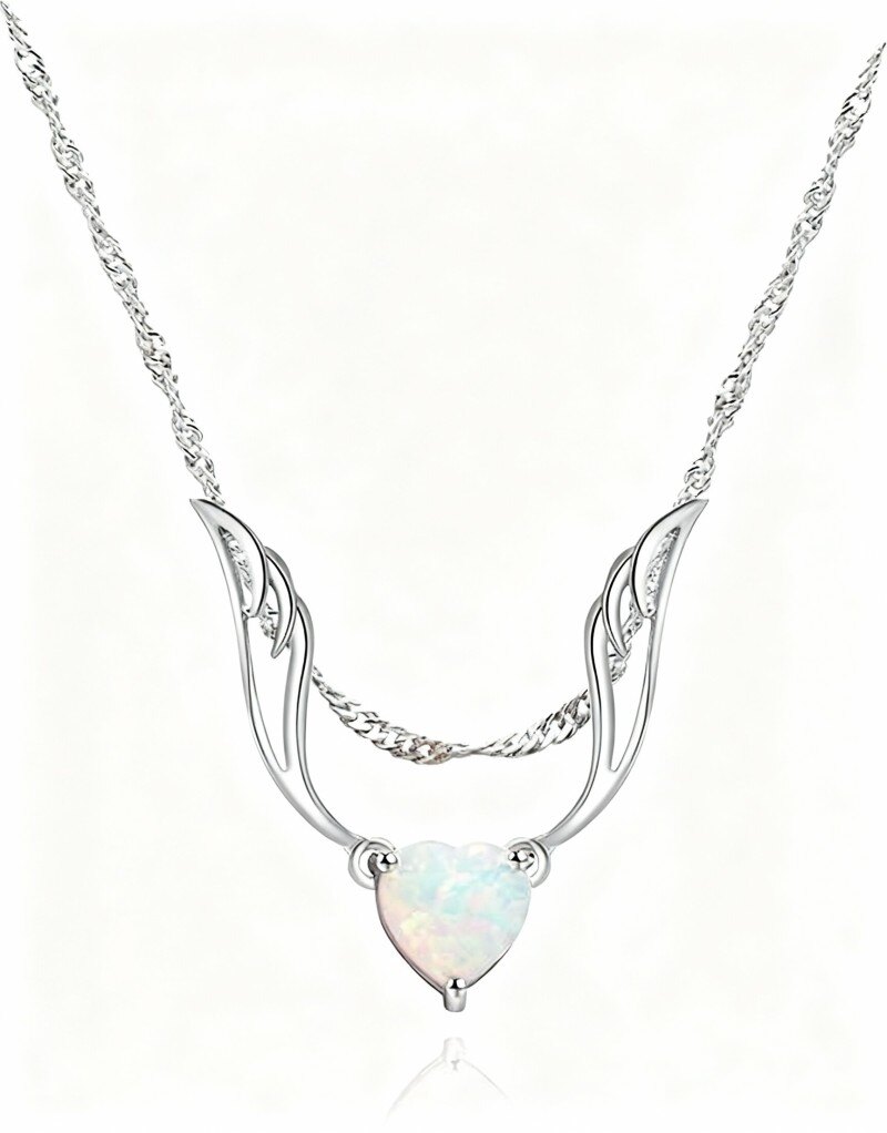 Collier pendentif ange et ailes d'ange en platine plaqué or blanc et opale-1