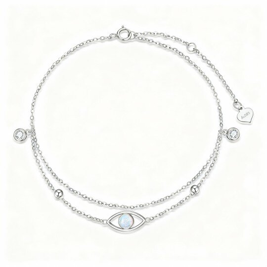 10K White Gold Cubic Zirconia & Opal Bead & Evil Eye Multi-layered Charm Anklet
