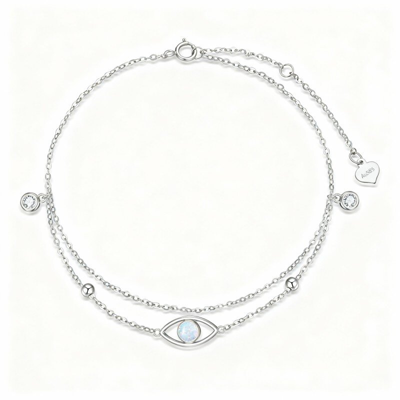 10K White Gold Cubic Zirconia & Opal Bead & Evil Eye Multi-layered Charm Anklet-7