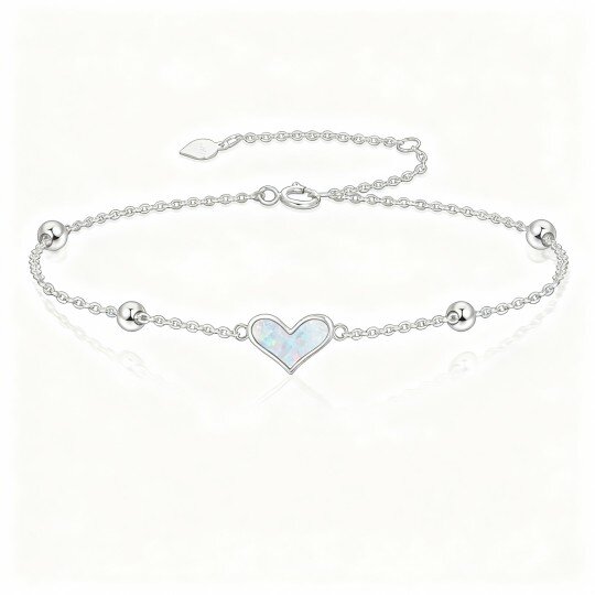 10K White Gold Opal Bead & Heart Charm Bracelet