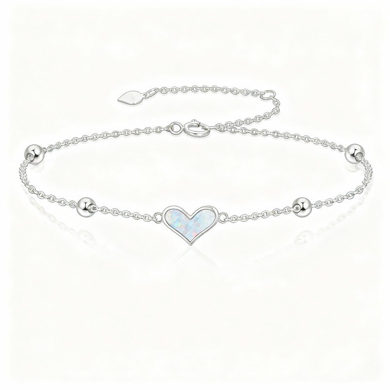 Pulseira em ouro branco 10K com pendente de opala e coração-12