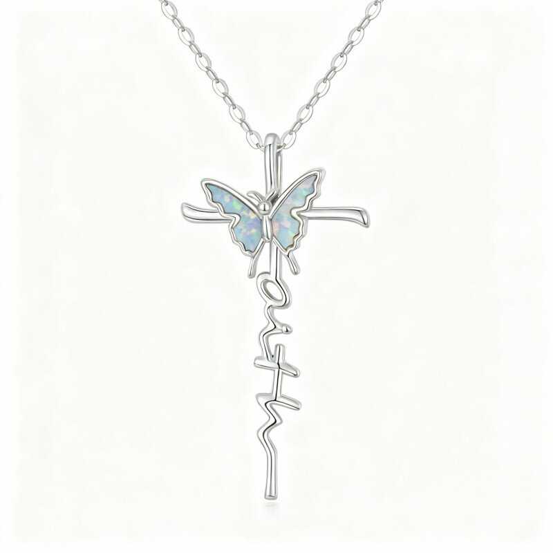 10K White Gold Opal Butterfly & Cross Pendant Necklace-1