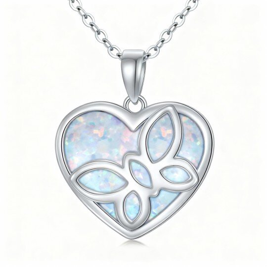 Collier pendentif papillon et cœur en or blanc 10 carats et opale