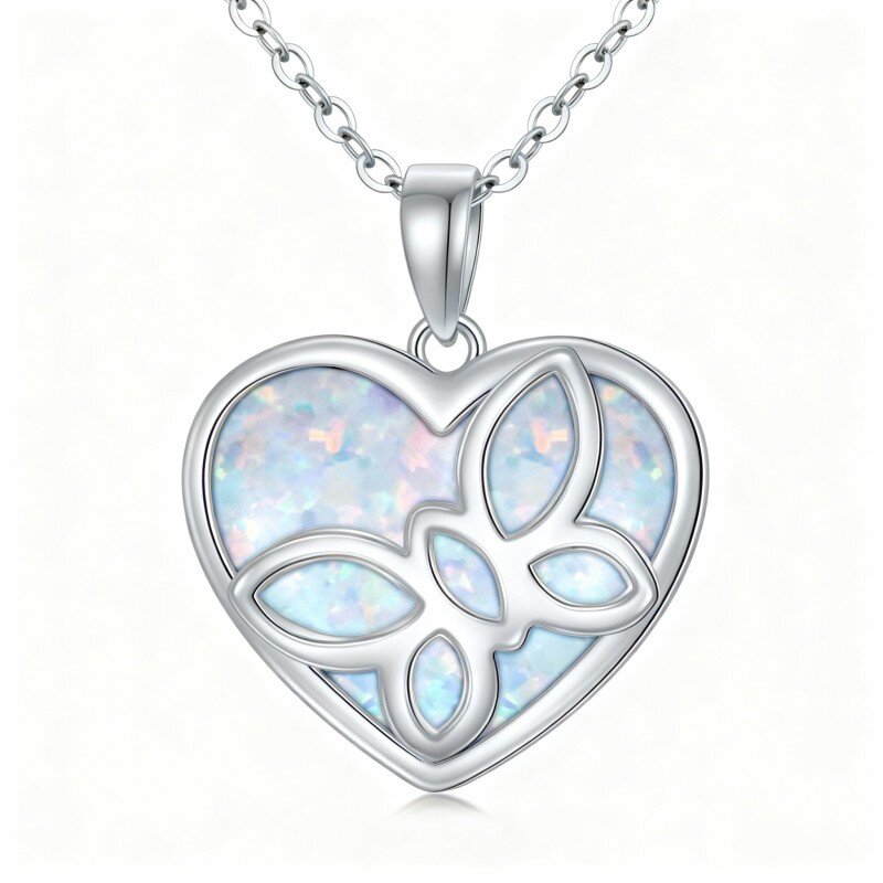 Colar com pendente de borboleta e coração em ouro branco 10K com opala-8